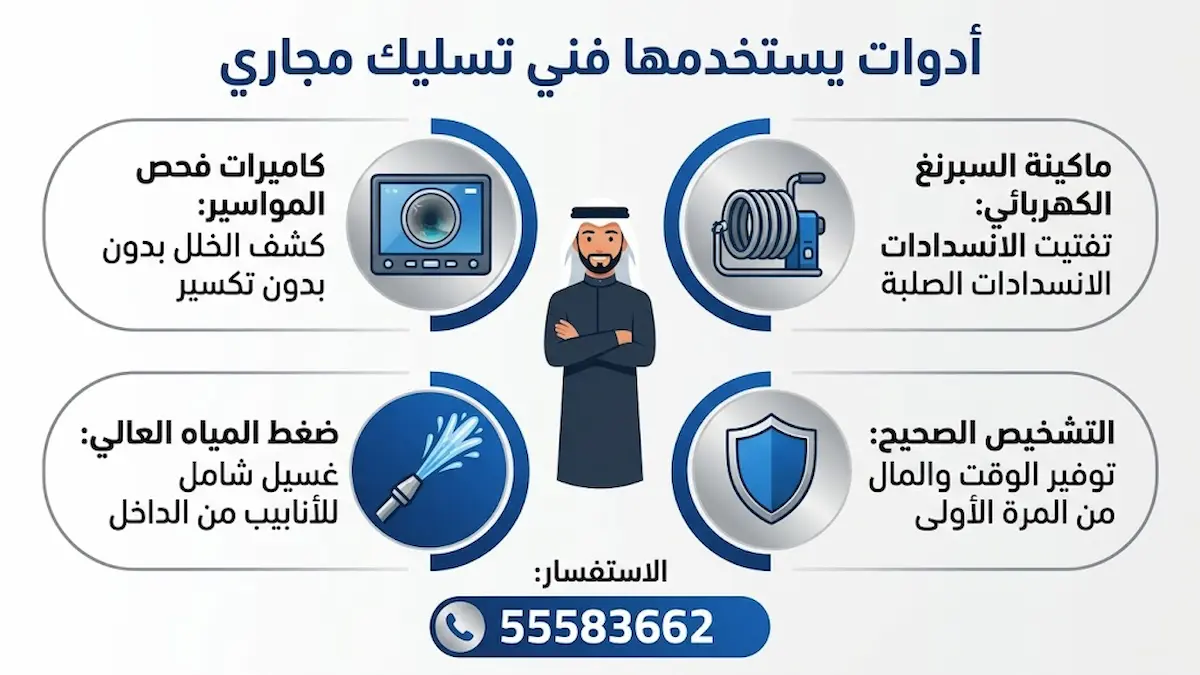 الأدوات والتقنيات التي يستخدمها فني تسليك مجاري بالكويت